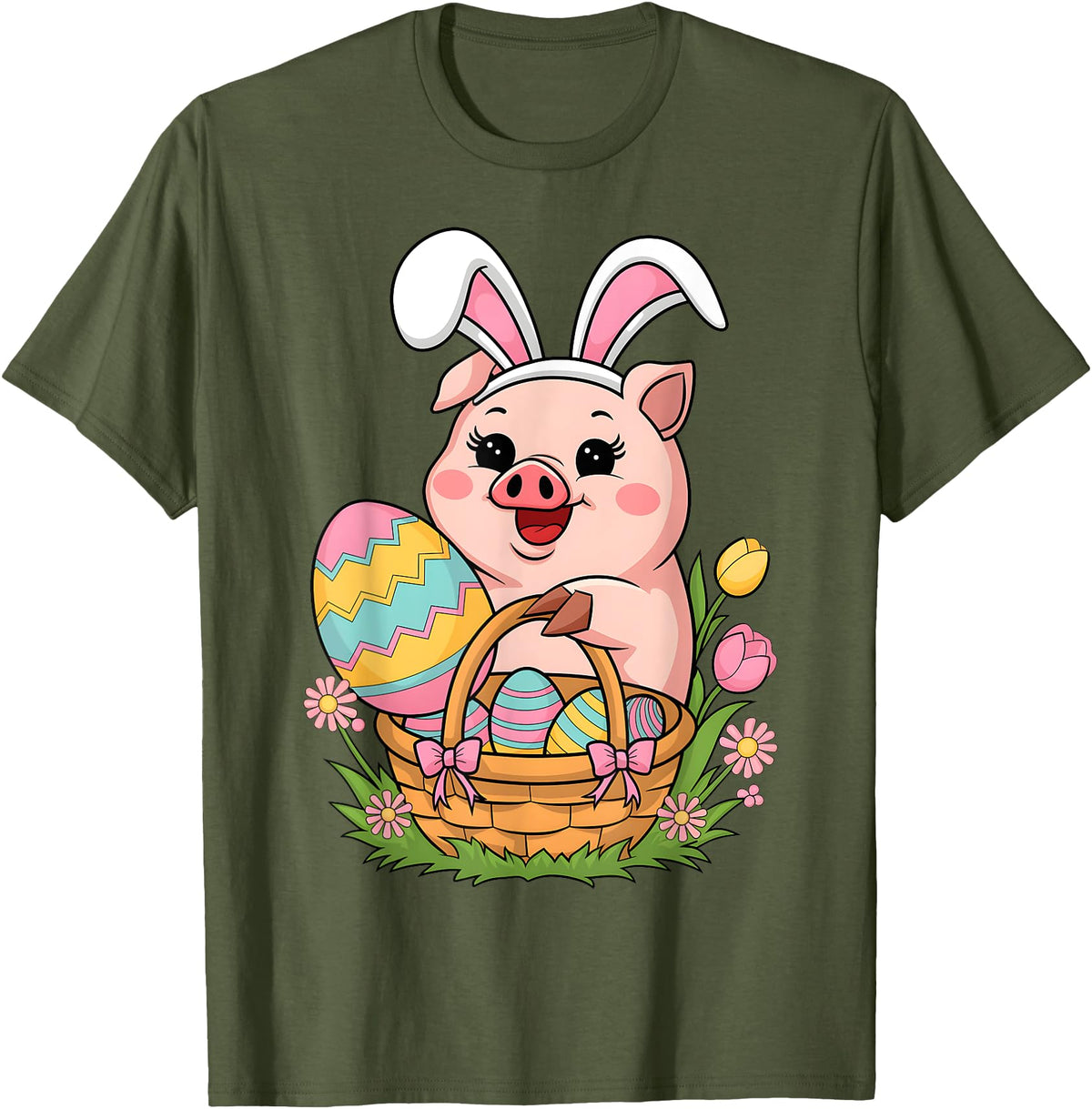 Happy Easter Pig Animal Happy Easter Women Girls Kids Easter Egg Basket Easter Pig T-Shirt - Olive Green