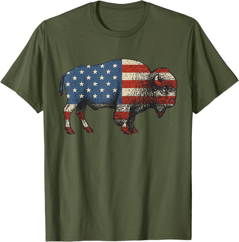 Bison American Buffalo Gifts & Apparel Stuff Bison USA American Flag Patriotic United States T-Shirt - Olive Green
