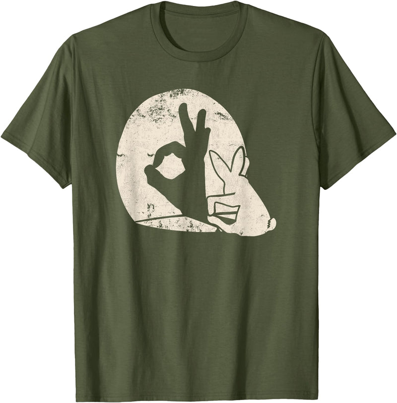 Rabbit Hand Shadow Puppet Bunny Animal Shadow T-Shirt in Olive Green