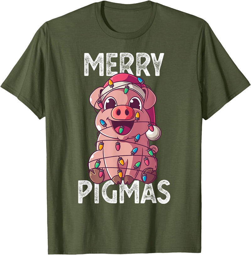 The Weird Shop Merry Pigmas Pig Christmas Santa Pig Xmas Lights Farmer Gift T-Shirt - Olive Green