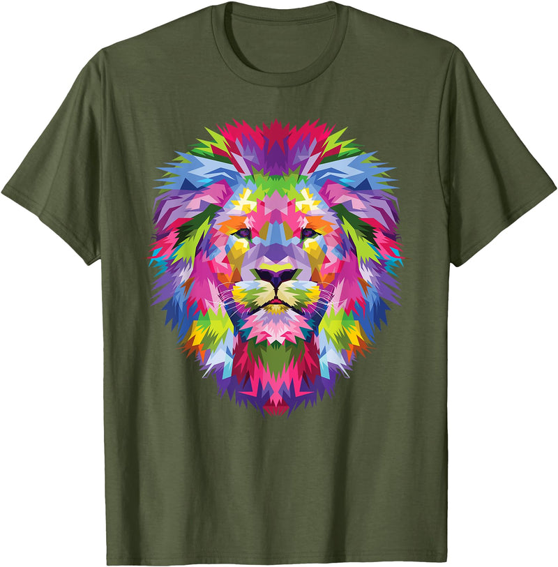 Color Critters Cute Rainbow Lion Head Vibrant Jungle Lion Celebration T-Shirt - Olive Green