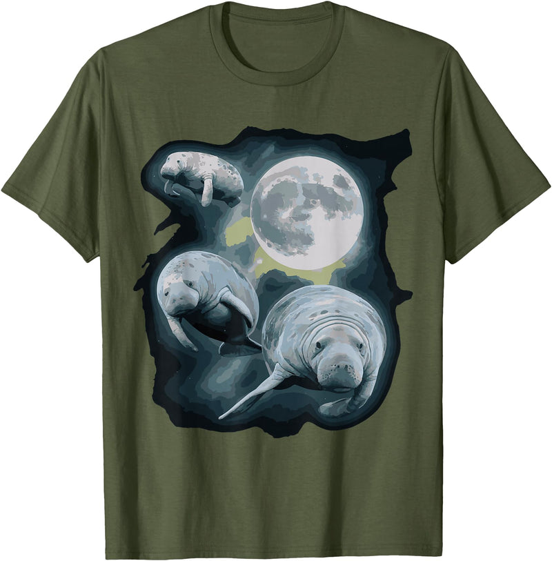 Manatee Howling Moon Manatee Sea Cow Three Manatee Howling At The Moon T-Shirt - Olive Green