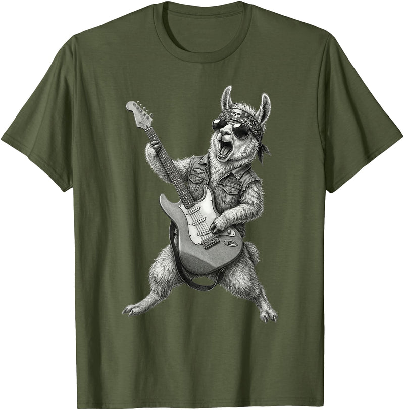 Rock Guitar Llama Stuff Accessories & Gifts Llama Playing Guitar Rock & Roll Llamas Alpaca Rocker Music T-Shirt - Olive Green