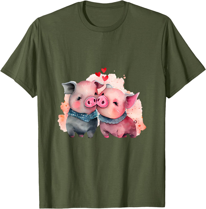 Unique Pig Lover Decor & Apparel Gifts Shop Two Loving Pigs In Love Heart Valentine's Day Pig T-Shirt - Olive Green