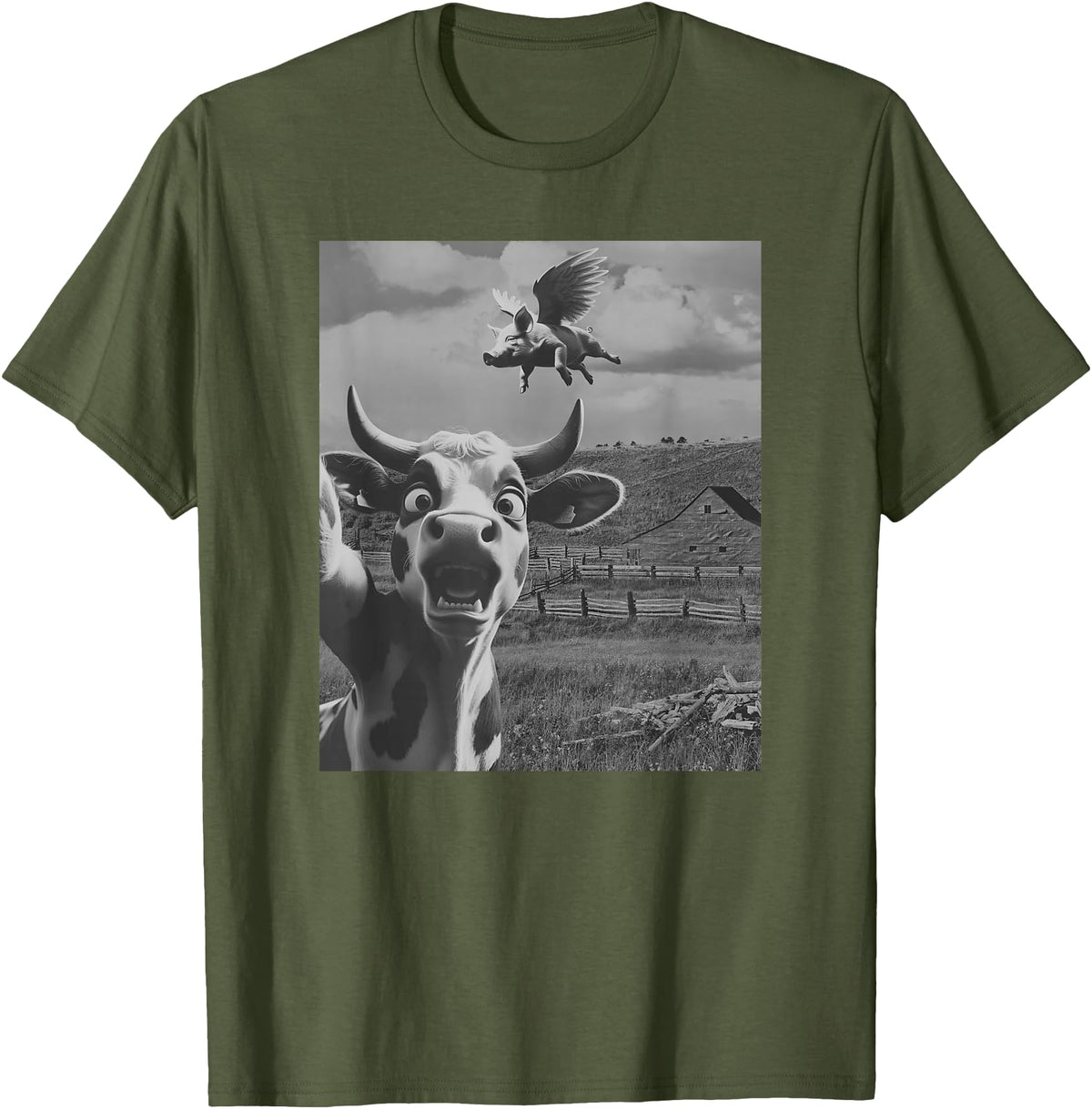 When Pigs Fly Pig Lover Designs Apparel Gifts Cow Selfie With Flying Pigs Fly Funny Gift for Men Women Kid T-Shirt - Olive Green