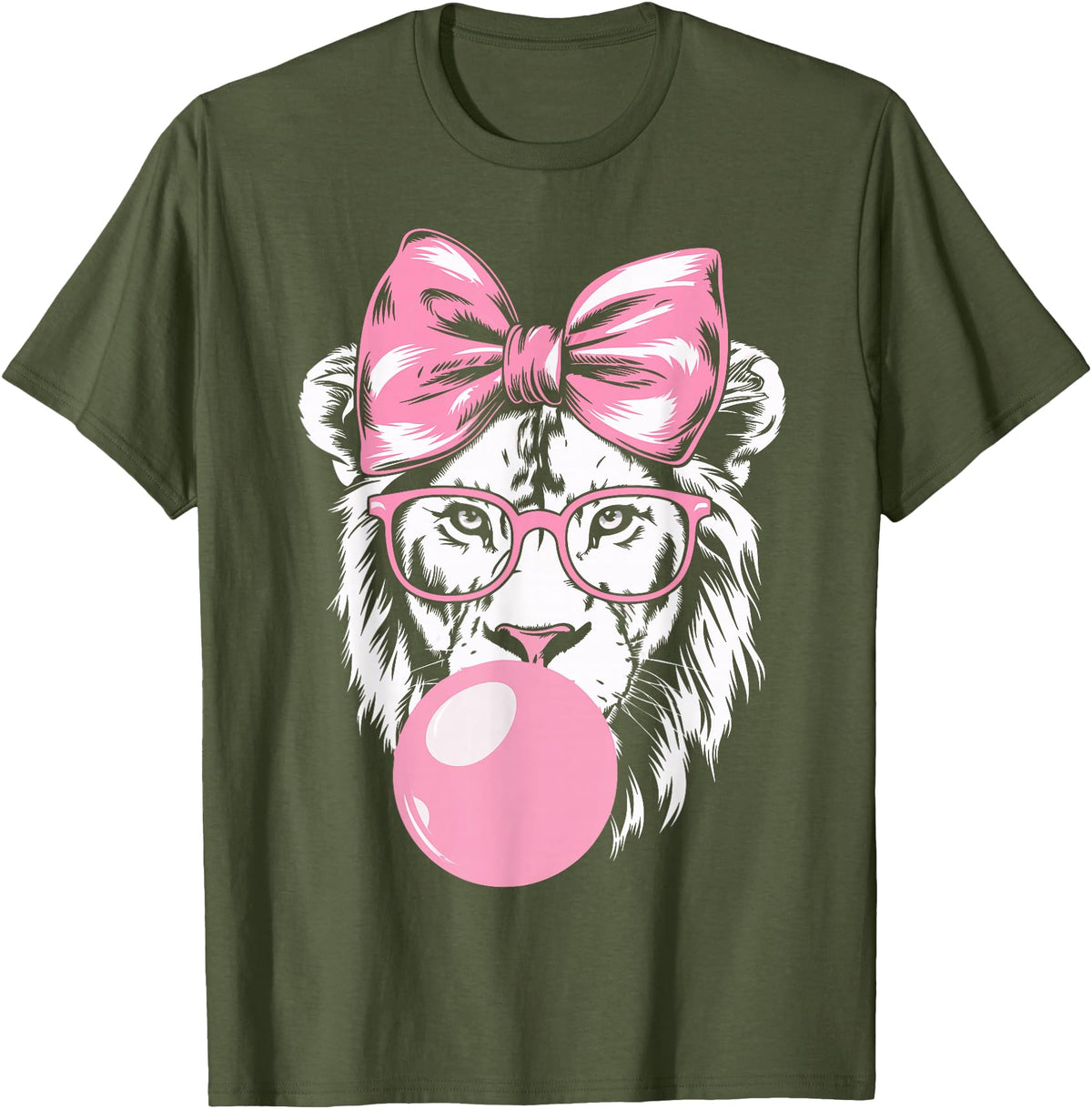 Lion Bubblegum Lion Wearing Glasses and Blowing Pink Bubble Gum T-Shirt - Olive Green