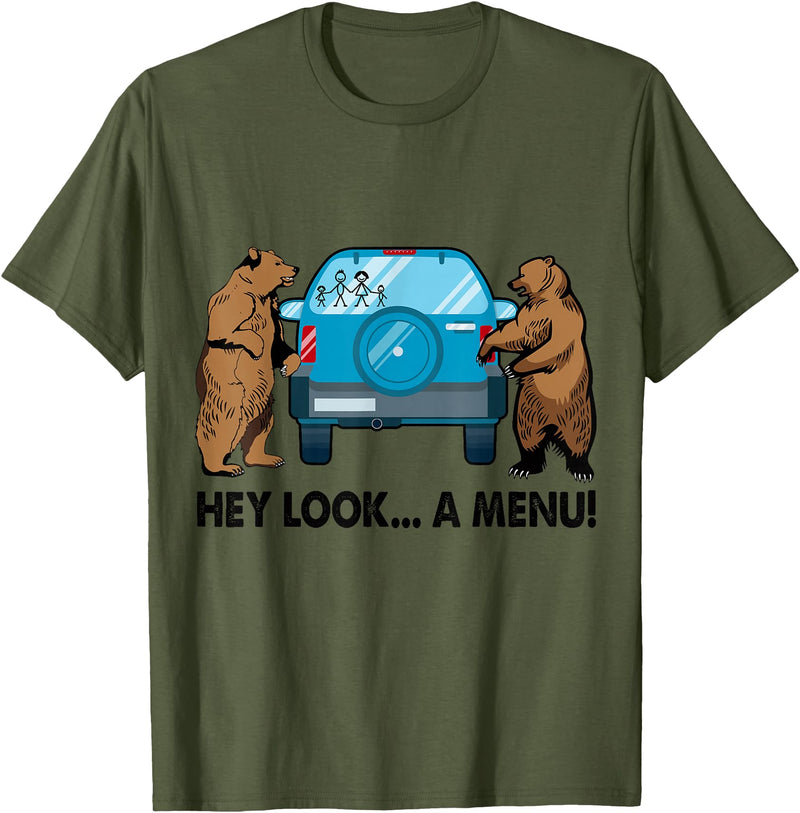 Funny Bear Attack Tips Camping Hiking Gifts Hey Look A Menu Funny Camping Camper Hiking Bear Outdoor T-Shirt - Olive Green