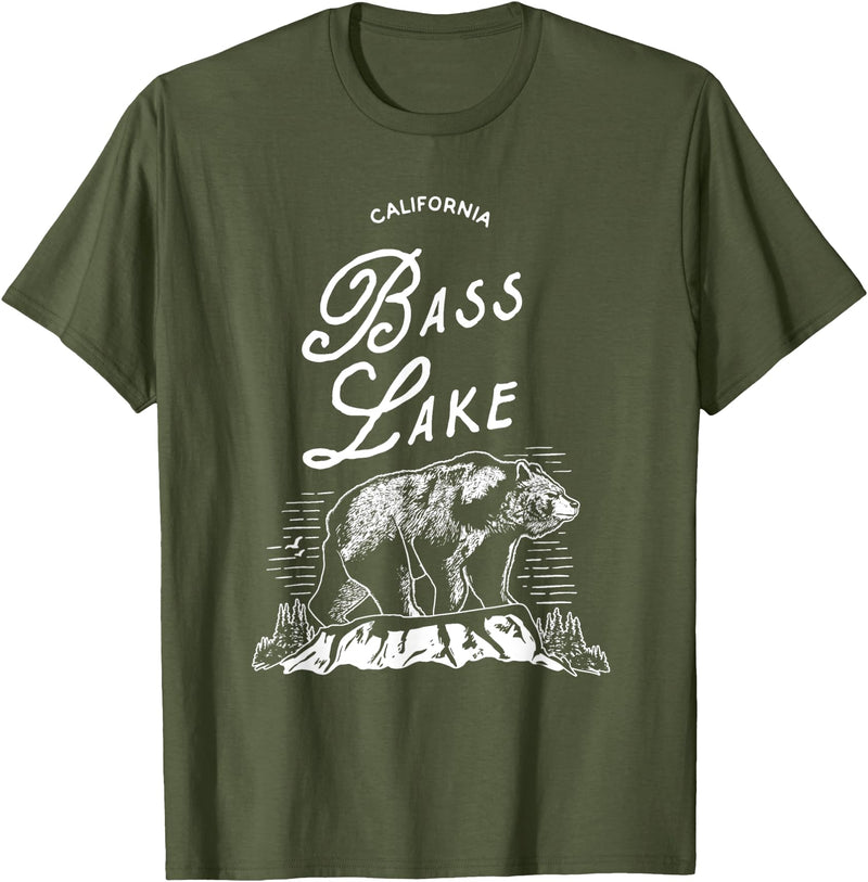 Vintage Retro Distressed Bear Tee Bass Lake Vintage Bass Lake Retro Bear Vacation California T-Shirt - Olive Green