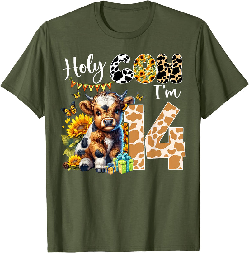 Cute Cow Farm Themed Birthday Girls Family Party Holy Cow I’m 14 Years Old Dairy Cow Sunflowers 14th Birthday T-Shirt -