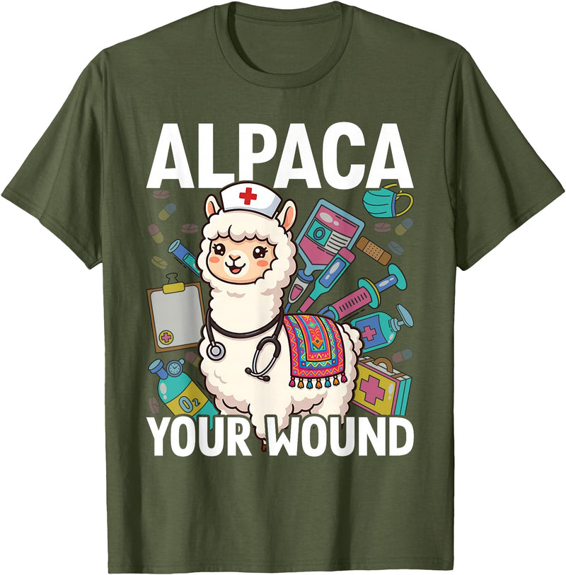 Llama Nurse Lover Gift Co. Alpaca Your Wound Cute Llama Wound Care Nurse T-Shirt - Olive Green