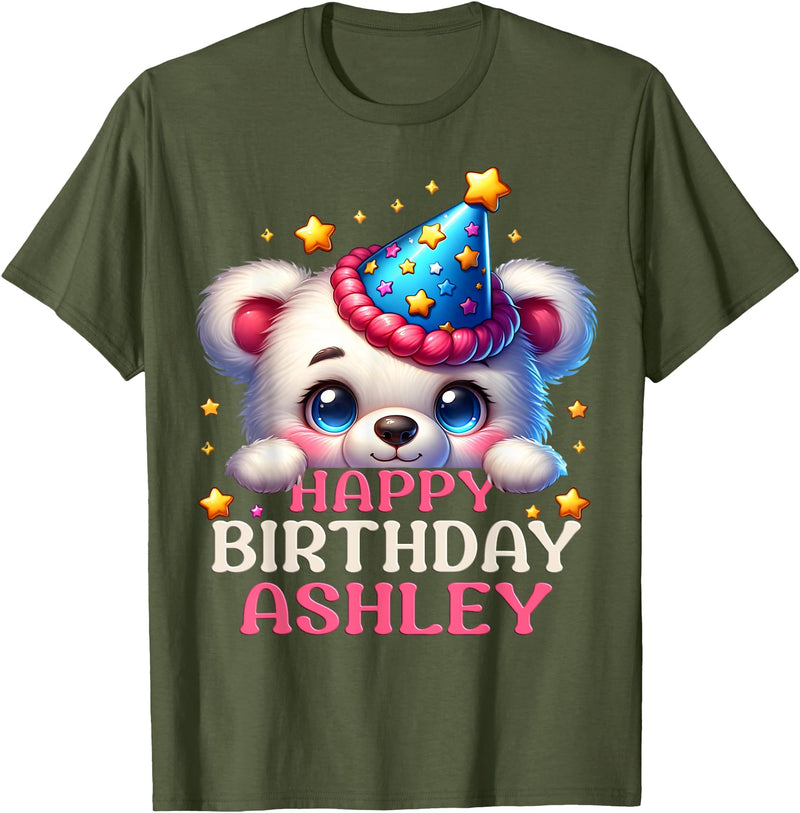 Birthday Teddy Surprise Customized First Name Tee Celebrating Ashley's Birthday Party with a cute Teddy T-Shirt - Olive Green
