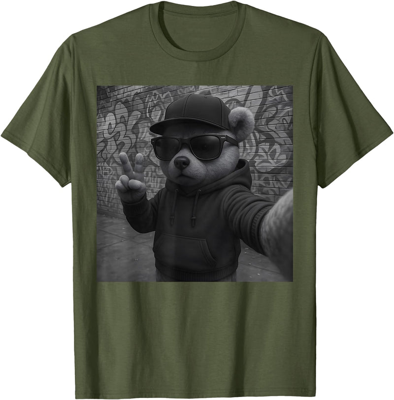 Teddy Bear Graphic Streetwear Hip Hop Men's Design Hip Hop Teddy Bear Selfie Urban Streetwear Peace Sign Rap T-Shirt - Olive Green