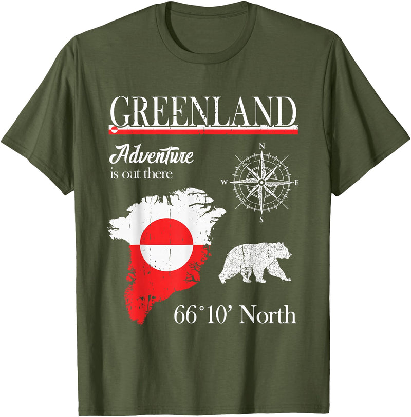 Greenland Nordic Hiking Camper Polar Circle Greenland - Adventure is Out There - Greenland Flag T-Shirt - Olive Green