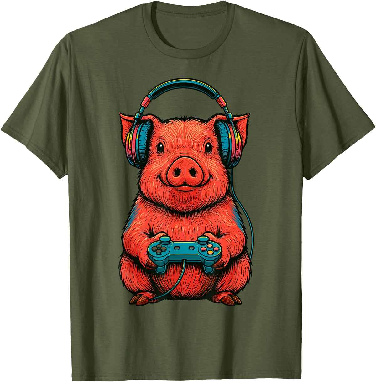 Magical and Funny Pig Farmer Gifts Gamer Pig Gaming T-Shirt - Olive Green