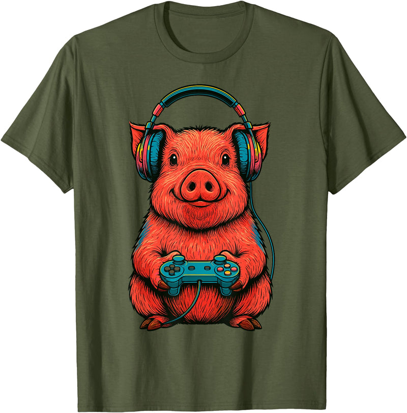 Magical and Funny Pig Farmer Gifts Gamer Pig Gaming T-Shirt - Olive Green