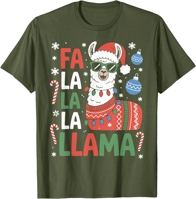 Festive Animal Christmas Funny FA La La La Llama Christmas Holiday Animal Design T-Shirt - Olive Green