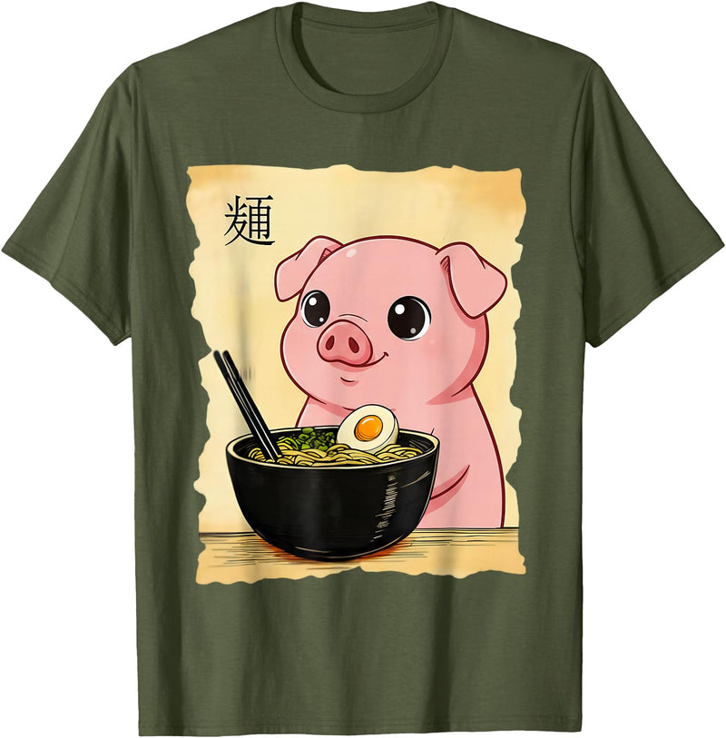 Funny Pig Anime Eating Ramen Pig Ramen Japanese Kawaii Anime Pig T-Shirt - Olive Green