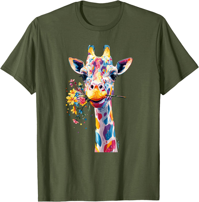 Colorful Floral Giraffe Rainbow Style Rainbow Giraffe with Flowers T-Shirt - Olive Green