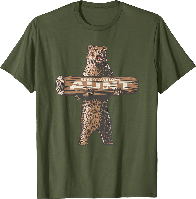 Cartba Aunt Co. Bear-y Awesome Aunt Funny Saying Cute Auntie T-Shirt - Olive Green