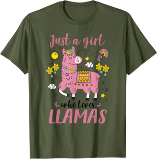 Llama Shirt Kids Girls Toddler Just A Girl Who Loves Llamas T-Shirt - Olive Green