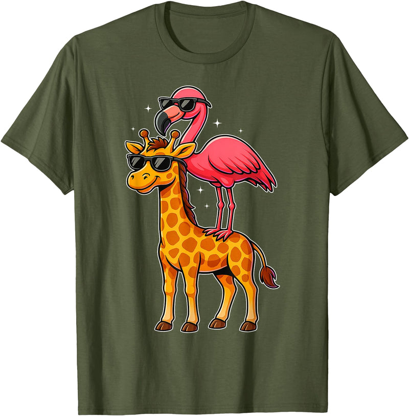 Funny Flamingo Riding Giraffe Cute Animals Funny Flamingo and Giraffe Cool Animals Friends T-Shirt - Olive Green