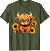 Cute Scottish Highland Cow Sunflower Highland Cow Farm T-Shirt - Olive Green