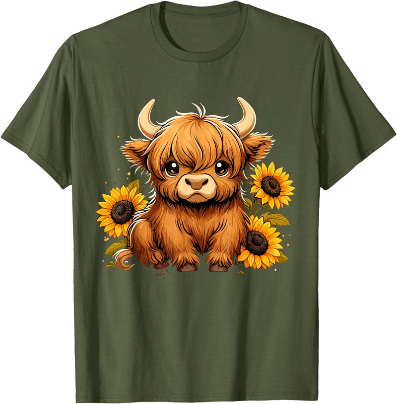 Cute Scottish Highland Cow Sunflower Highland Cow Farm T-Shirt - Olive Green