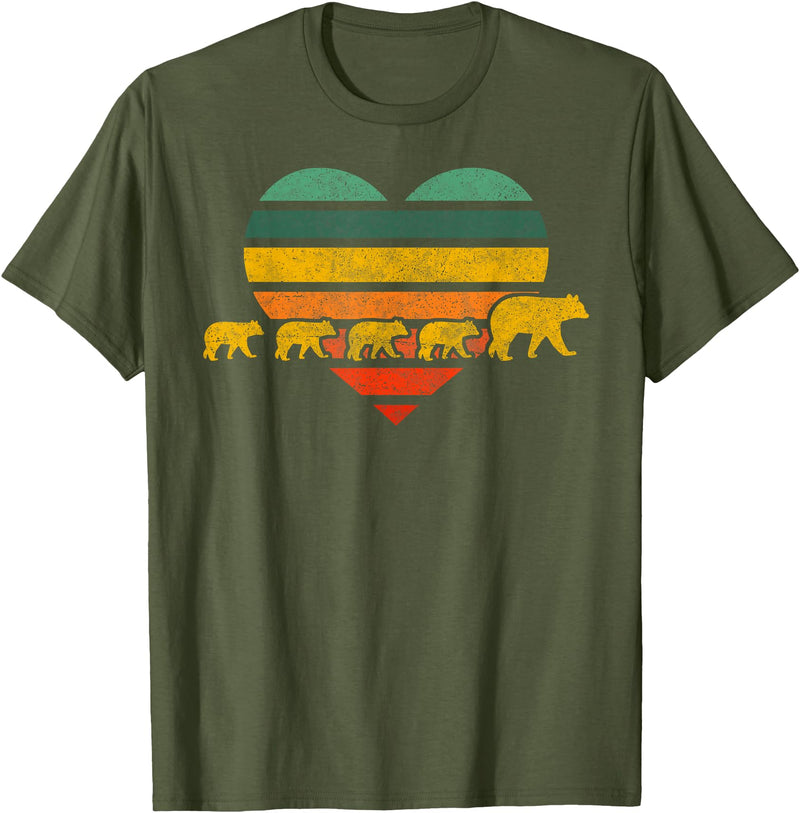 Just for Mom Mama Bear Four Cubs Shirt Retr Heart Mothers Day Gift T-Shirt - Olive Green