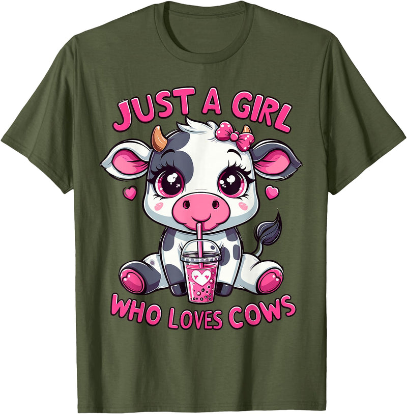 Cute Cow Lover Cow Just A Girl Who Loves Cows T-Shirt - Olive Green
