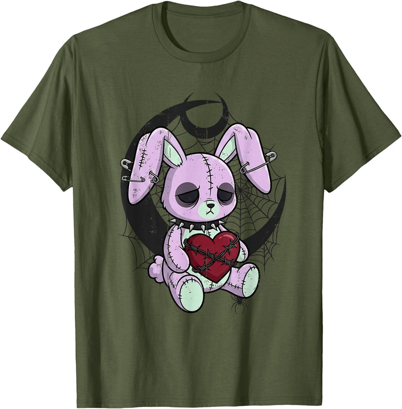 Creepy Cute Bunny Goth Heart Spiderweb Alt Pastel Rabbit T-Shirt in Olive Green