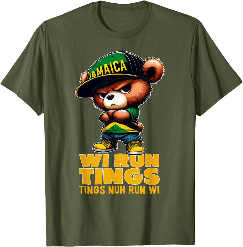 Jamaican Gifts for proud Jamaican Men, Women, Kids WI RUN TINGS Teddy Bear Jamaica Flag Shirt Jamaican Clothing T-Shirt - Olive Green