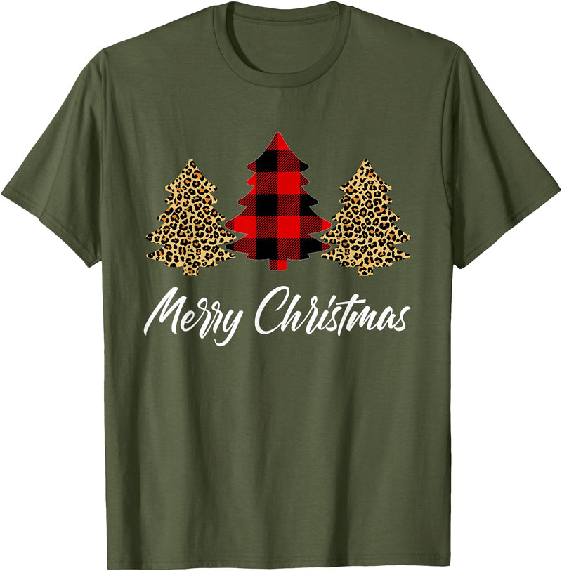 Merry Christmas Plaid Apparels Co. Merry Christmas, Leopard buffalo plaid Christmas tree Xmas T-Shirt - Olive Green