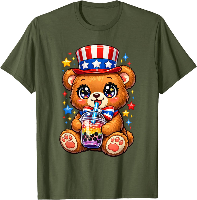 Kawaii Red White and Blue Fourth July Little Kids Cute Teddy Bear Patriotic 4th July Gift Bubble Boba Tea USA T-Shirt - Olive Green