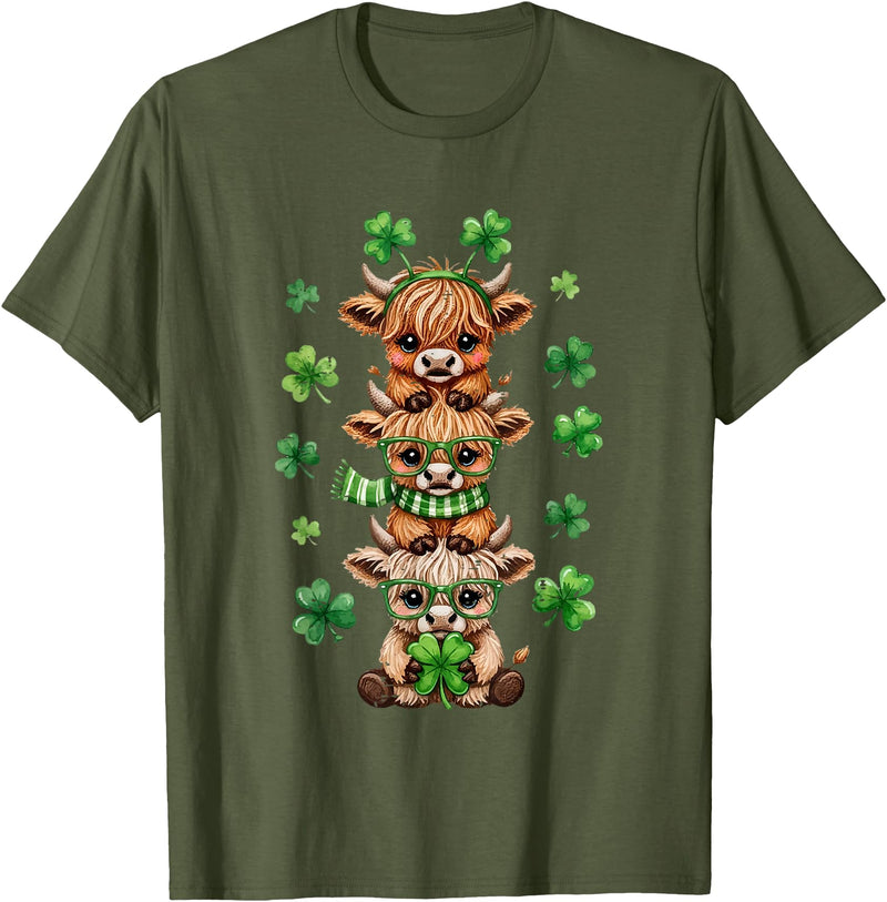 St Patricks Day Highland Cow Lucky Irish Shamrock Funny St Patrick's Day Highland Cow Lucky Shamrock Irish T-Shirt - Olive