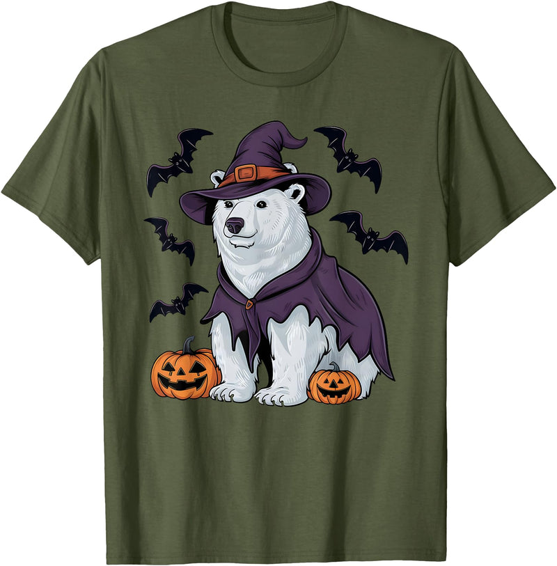 Witch Polar Bear Halloween Tees Polar Bear Halloween Costume Scary Pumpkin Bat Witch T-Shirt - Olive Green