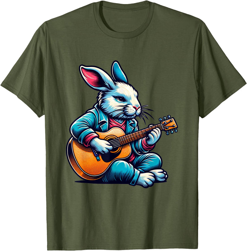 Cool Rabbit Plays Guitar Easter Musician Guitarist T-Shirt in Olive Green
