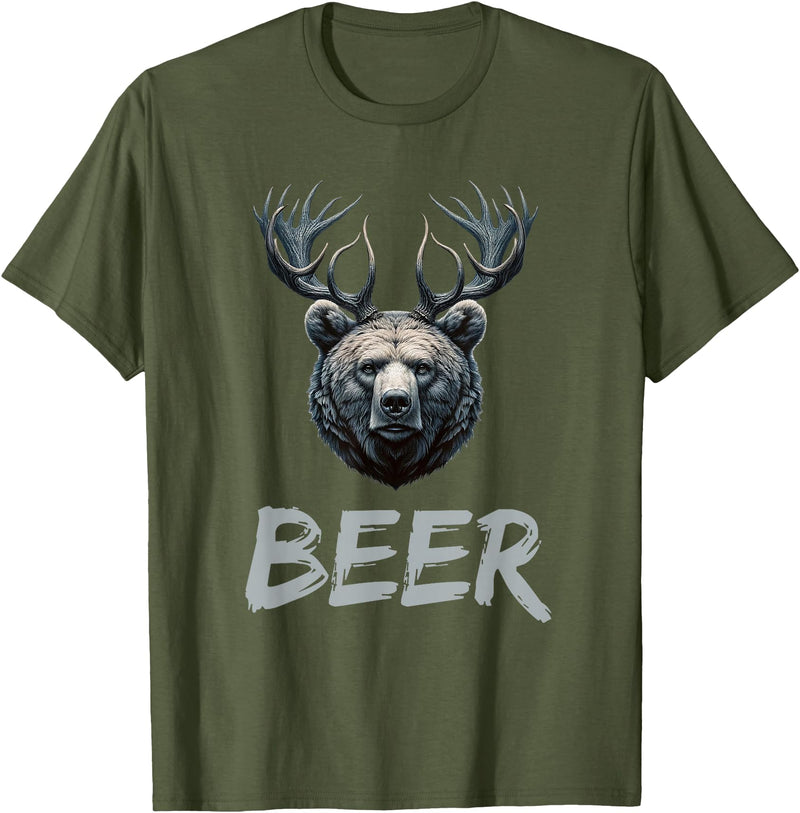 Bear With Antlers Drinker Party Deer Beer Beer Bear Deer Grizzly Bear With Antlers Beer T-Shirt - Olive Green
