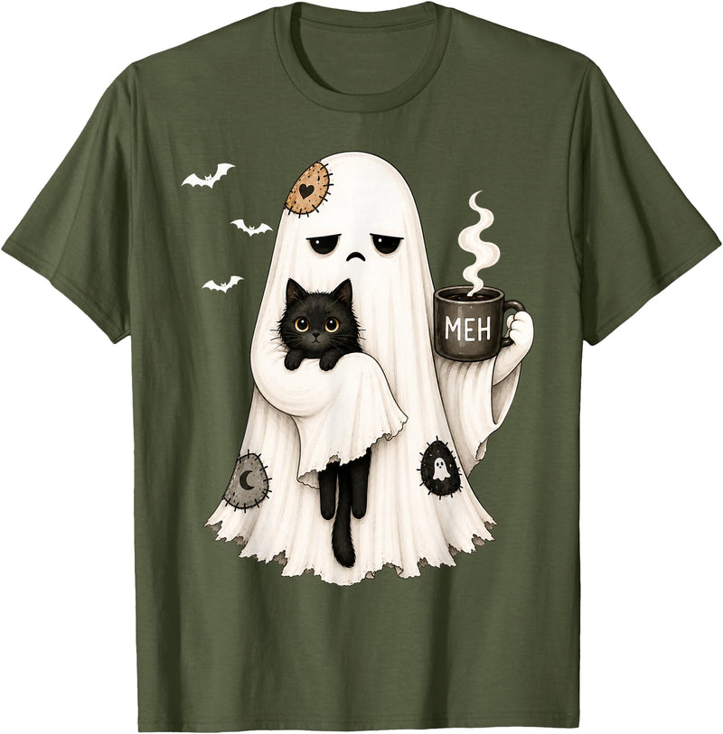 Halloween Cute Ghost Holding Black Cat Spooky Ghost Holding Black Cat Coffee Lover Funny Halloween T-Shirt - Olive Green