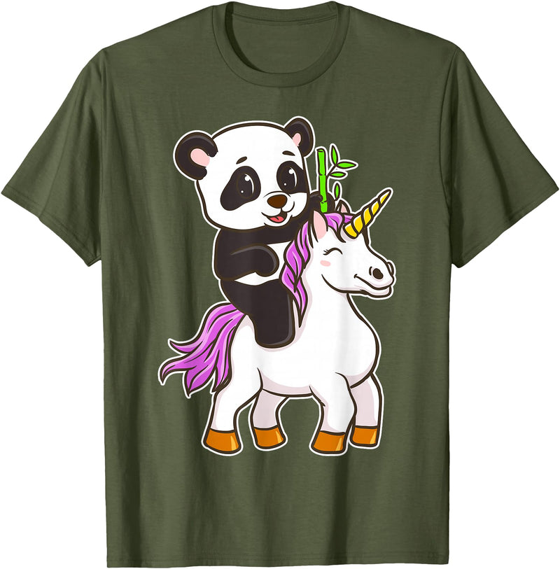 Panda Bear Unicorns Boys Girls Kids Panda Riding Unicorn Cute Magical Animals T-Shirt - Olive Green