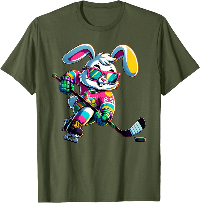 Happy Easter Bunny Hockey Rabbit Men Women Kid T-Shirt in Olive Green