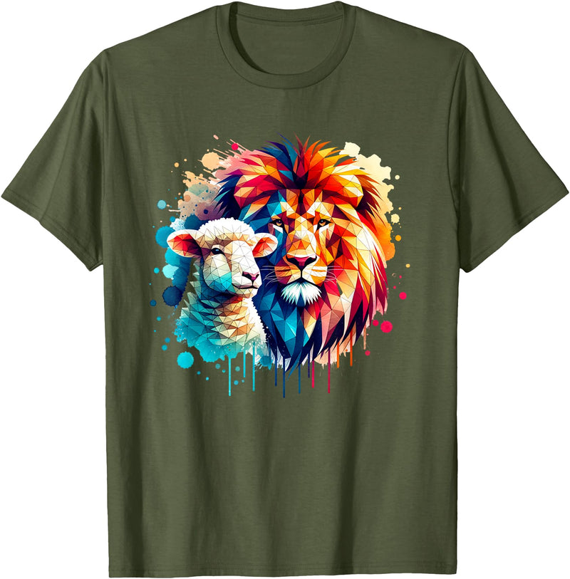 Christian Clothing Lion And Lamb Christian Art Lion And Lamb Geometric Christian Clothing T-Shirt - Olive Green