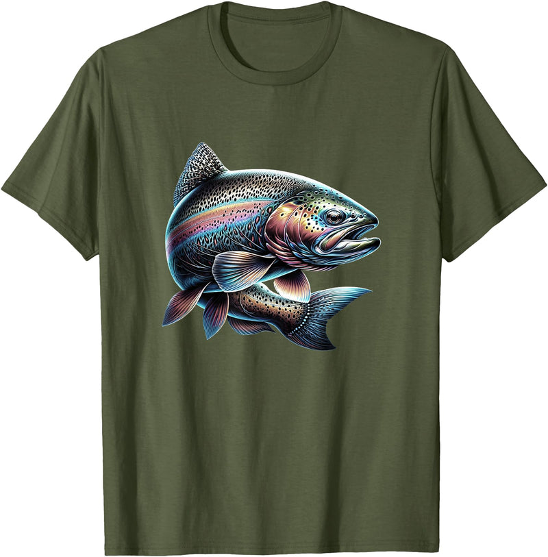 Steelhead Fishing - Unisex Adults & Kids Fishing T-Shirt - Black - Small - Short Sleeve - Cotton & Polyester - Modern Fish Graphic - Crew Neck - Regular Fit - Pull On - Imported - Olive Green