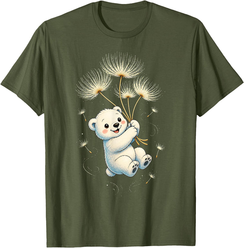 Blueberry Clothing Baby Polar Bear Floating On Dandelion Seeds T-Shirt - Olive Green