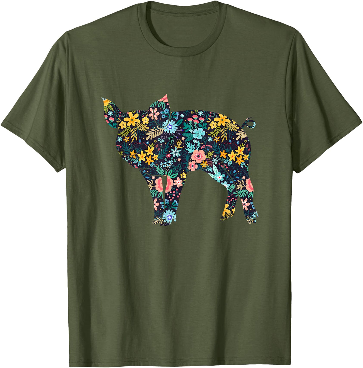 Animal Hog Floral Silhouette Pig Lover Floral Piglet Silhouette Womens Girls Graphic Pig T-Shirt - Olive Green