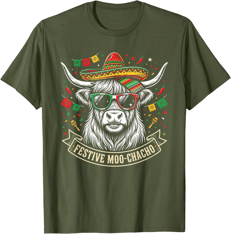 Cinco De Mayo Fiesta Moo Tees Vintage Highland Cow Cinco De Mayo Funny Retro Fiesta Design T-Shirt - Olive Green