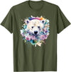 Colorful Polar Bear Kids Arctic Wildlife Painting Polar Bear Floral Watercolor Animal Cute Polar Bear Face T-Shirt - Olive Green