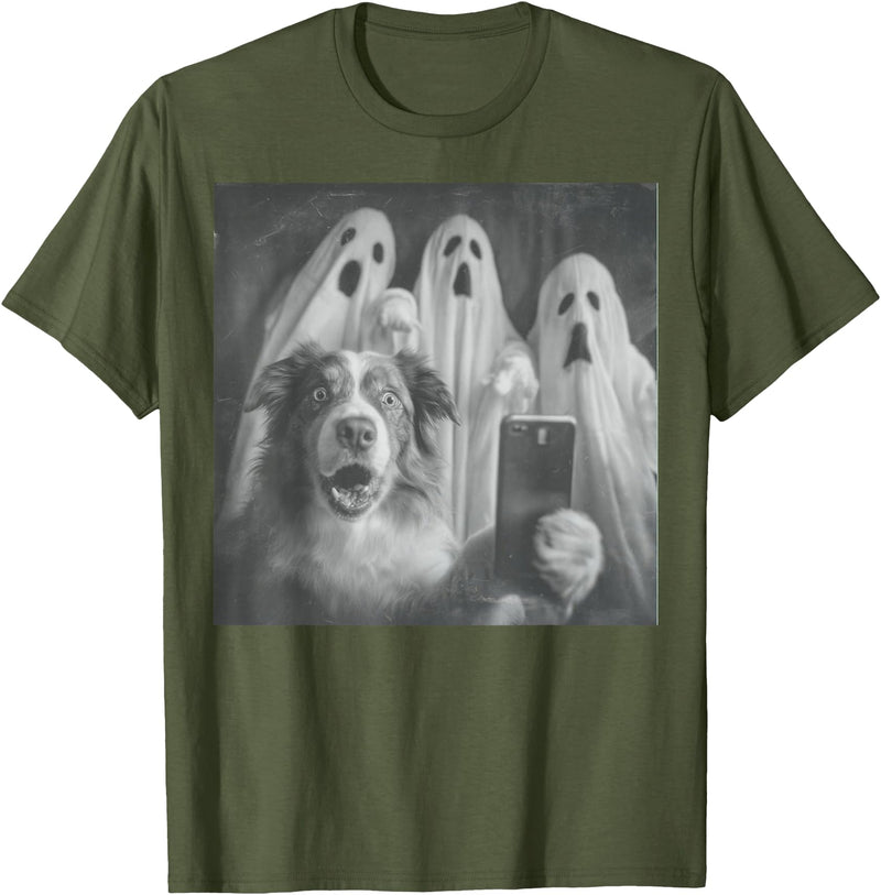 Spooky Aussie Moments Australian Shepherd Selfie Funny Ghost Halloween T-Shirt - Olive Green