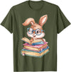 Bunny Rabbit Reading Books Funny Rabbit Books Bunny Reader T-Shirt in Olive Green