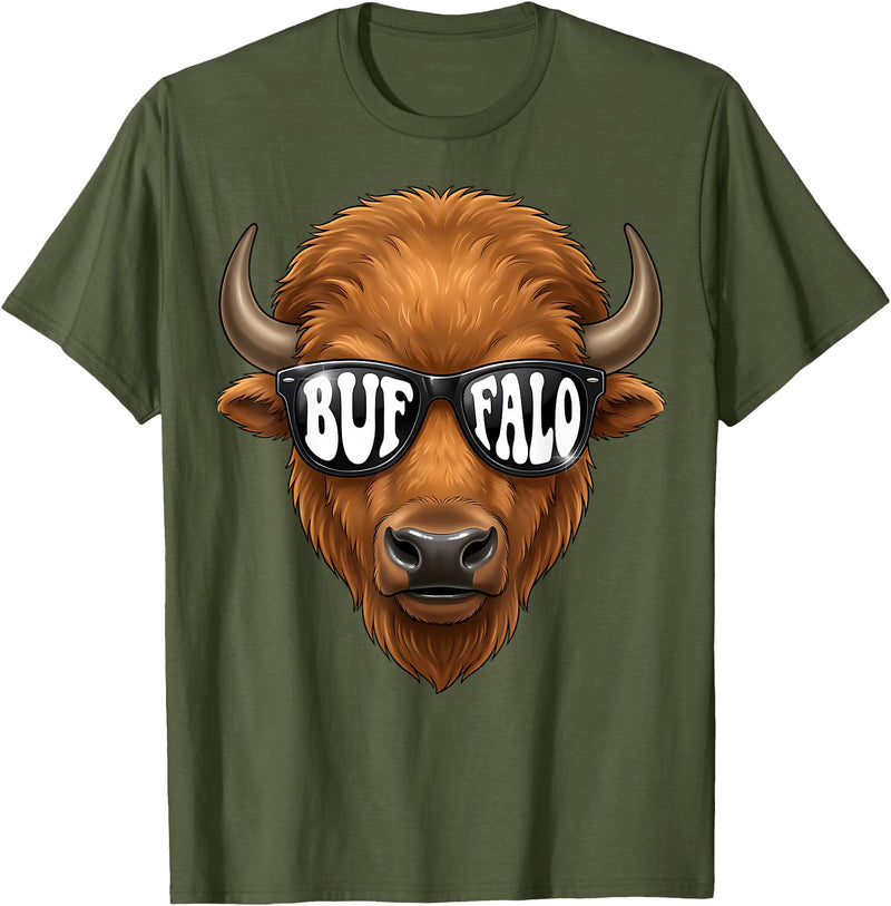 generic Buffalo with Sunglasses Wildlife Graphic for Men Women Kids T-Shirt - Olive Green