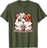 Cute Kawaii Animals Drinking Boba Tea Co. Cute Kawaii Chibi Guinea Pig Drinking Boba Tea T-Shirt - Olive Green